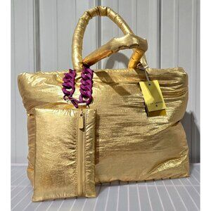 Kika Vargas Metallic Gold Puffer Large Tote Bag w/ Mini Bag & Clip on Chain